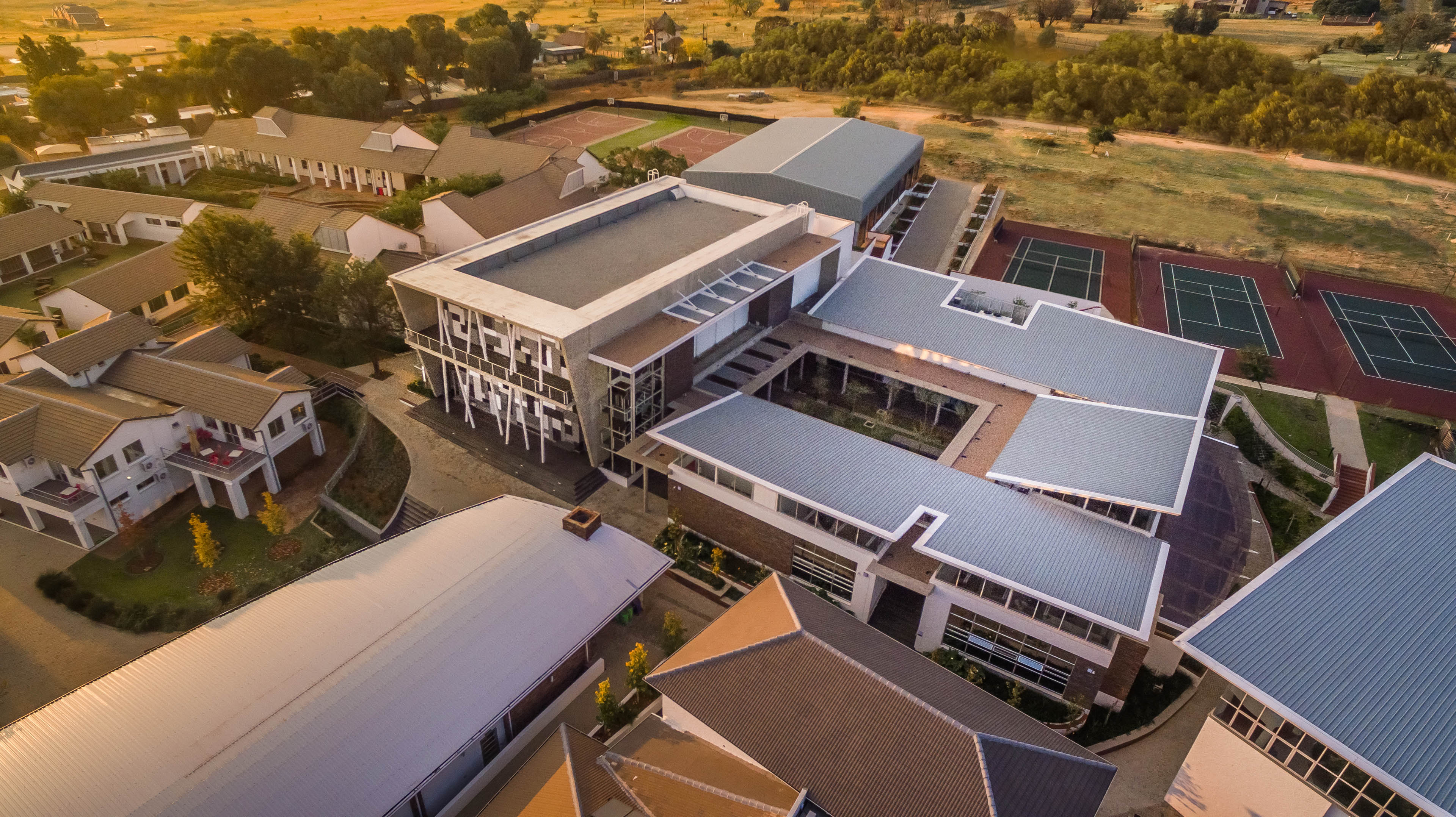 Aerial view of building at sunset