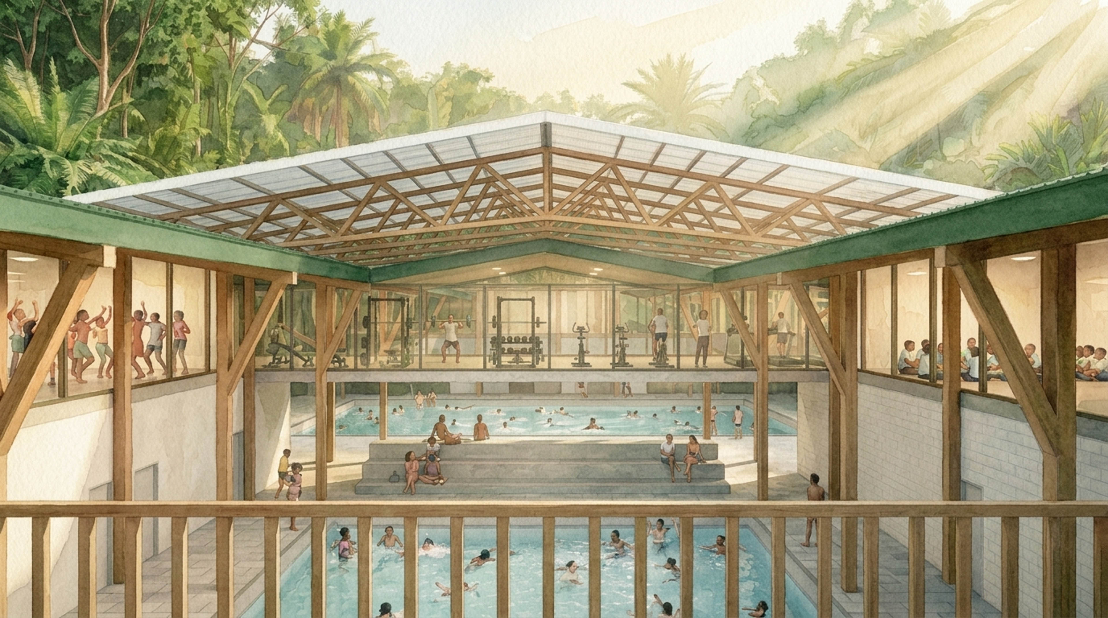 Watercolor rendering of 1 pool with stairs going up to second pool and overhead cover with light pouring in
