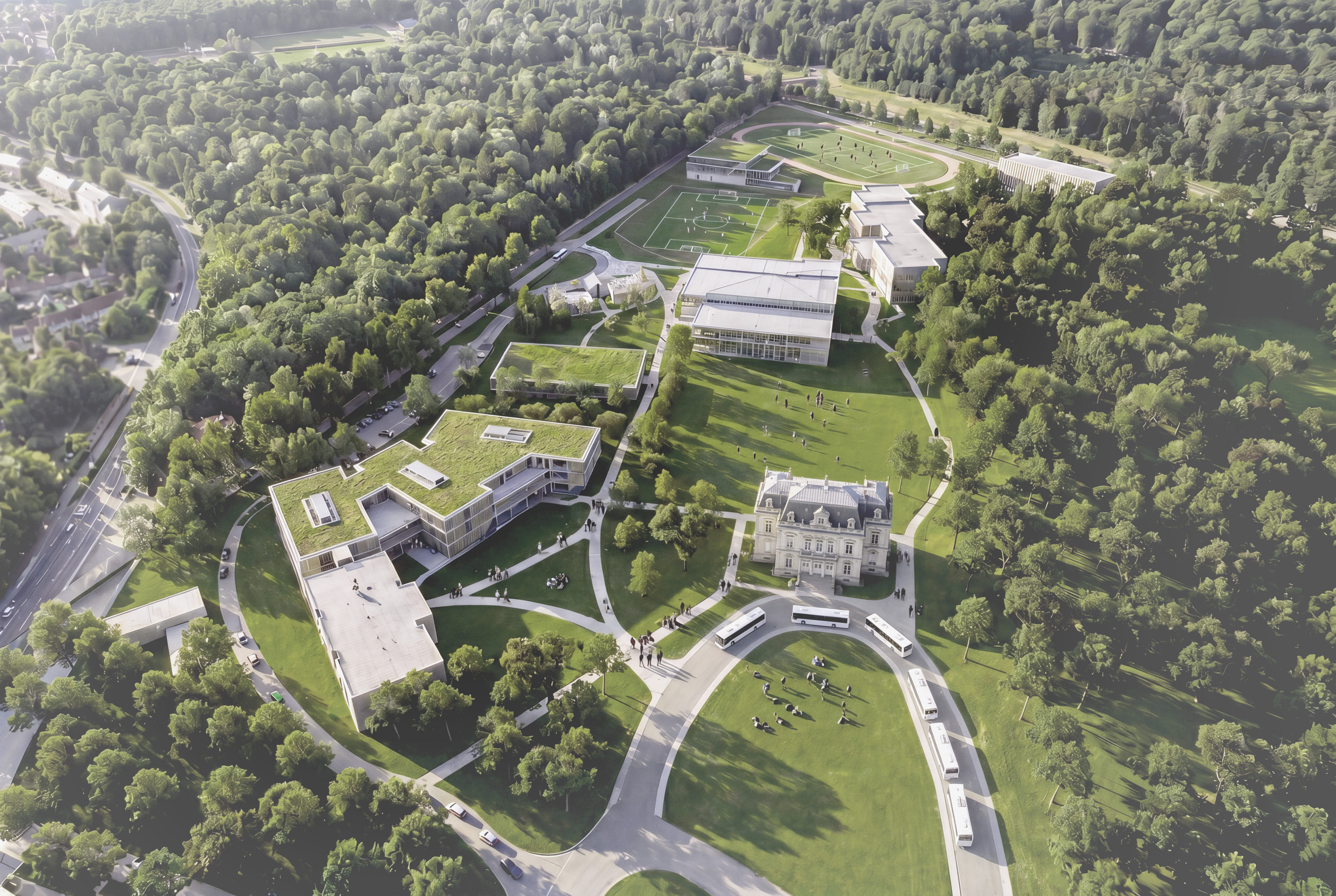 Aerial rendering of site surrounded by trees